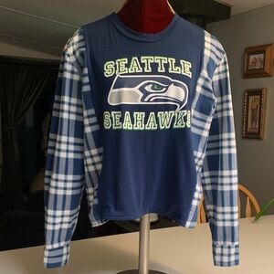 Upcycled Seattle Seahawks Navy Plaid Sleeve Tee.